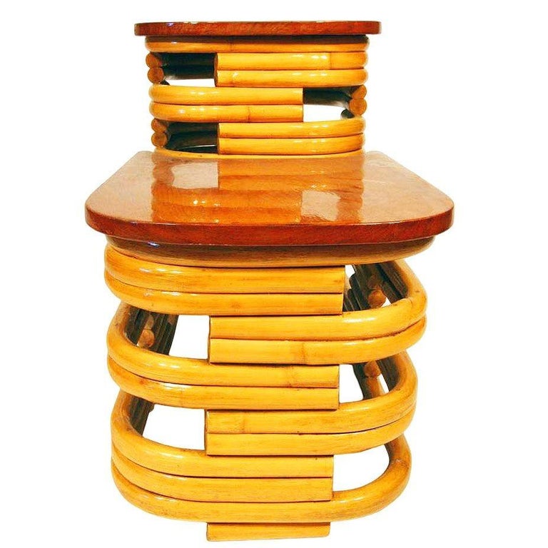 Restored MCM Stacked Rattan Two-Tier Side Table w/ Mahogany Top, 2 Available