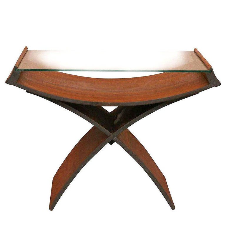 Mid-Century Molded Sculptural Plywood Hourglass Side Drink Table with Glass Top