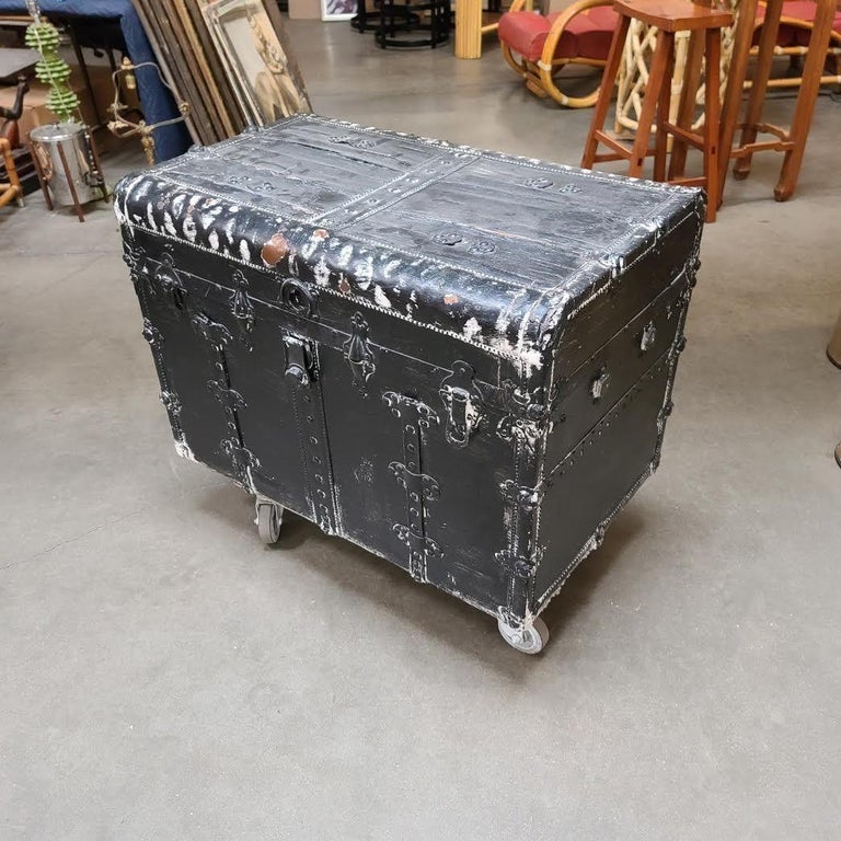19th Century Wood and Metal Steamer Trunk with Leather Edges
