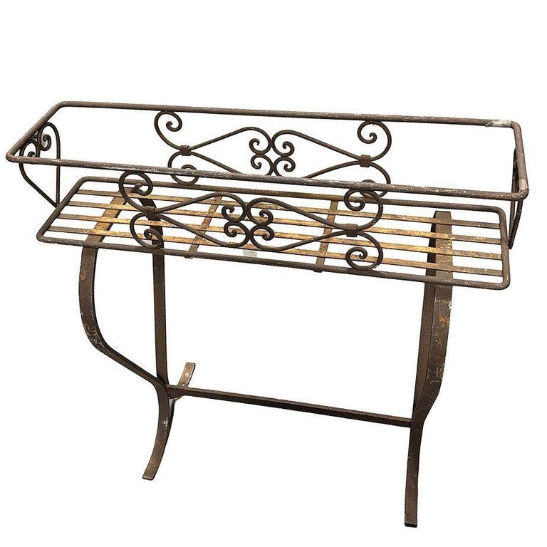 Mid-century Wroght Iron Scrolling Trestle Style Elevated Planter Stand
