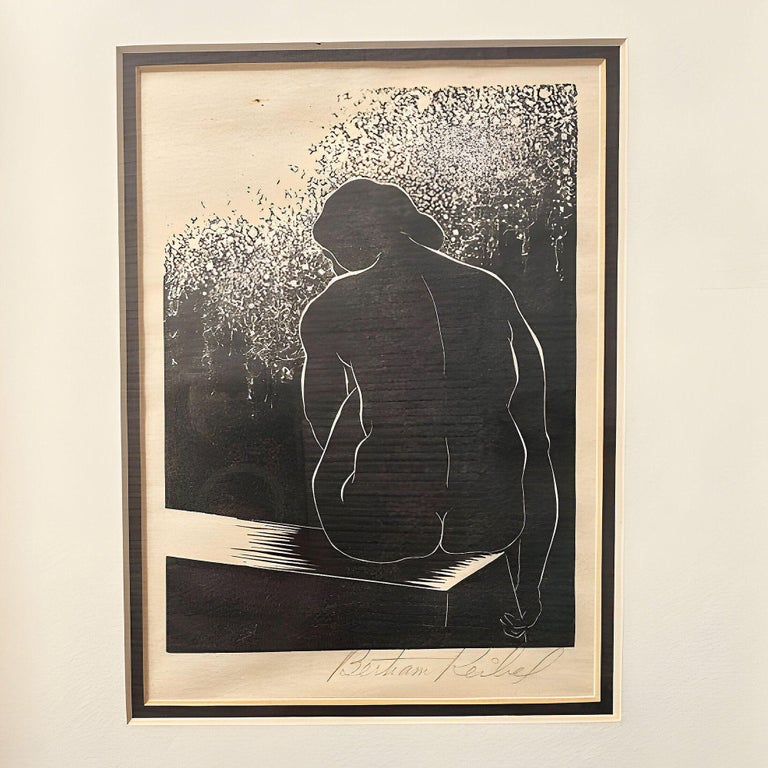 Untitled Nude Female Portrait Wood Block Print by Reibel Bertram, Framed