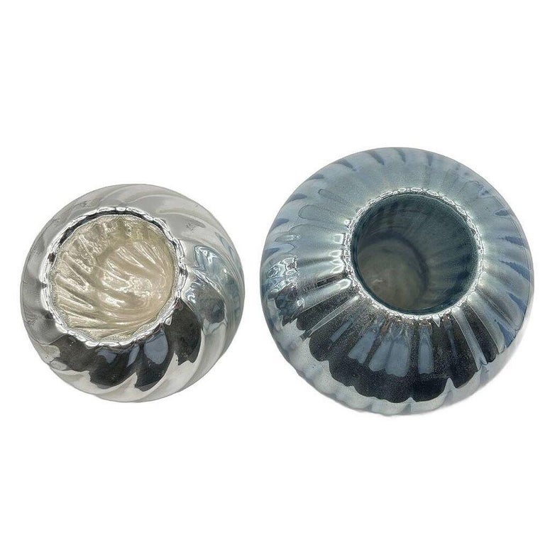 Czechoslovakian Art Deco Cobalt Mercury Glass Ball Candlestick Holders, Pair