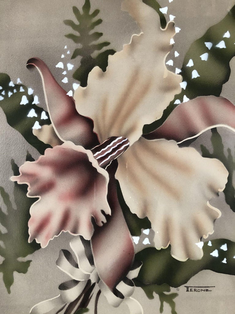 Airbrushed Daffodil Flowers with Bow Mid Century Art Signed by Terone