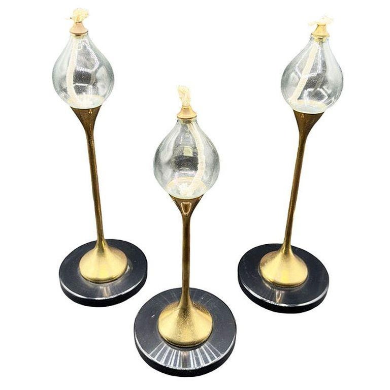 German Brass "Clear Drops" Oil Lamp Candlestick by Freddie Andersen, Set of 3