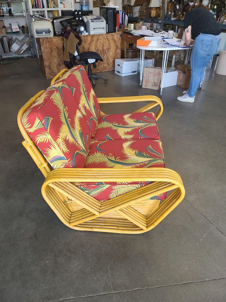Restored 5-Strand Square Pretzel Rattan Settee w/ Barkcloth Cushions