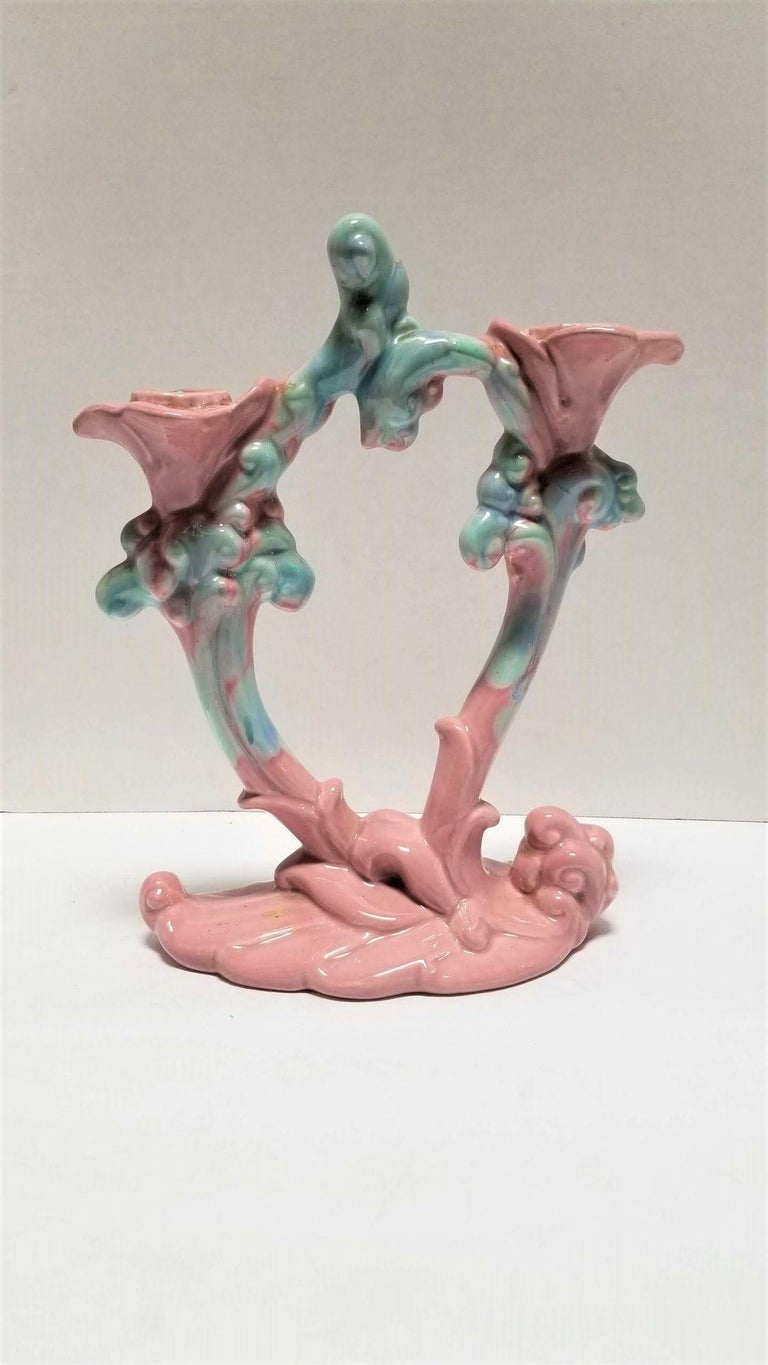 Royal Haeger Mauve Agate Pink/Blue Marble Glaze Twin Stalk Candlestick Holder