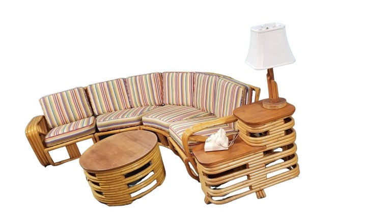 Restored Square Pretzel Rattan Corner Sofa, Coffee & Side Table Living Room Set