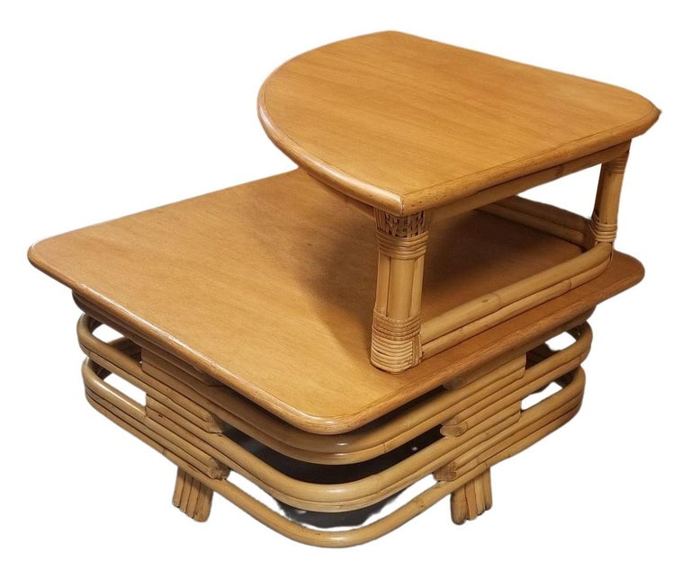 Restored Ratan and Mahogany Two-Tiered Corner Table with Stacked Rattan Base
