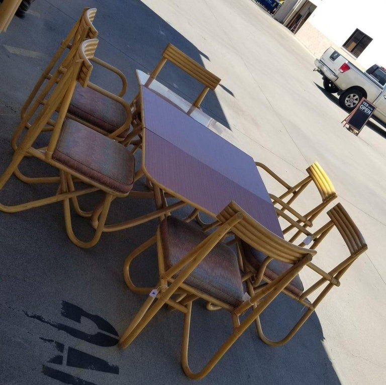 Restored Rattan "Loop" Leg Six Chairs and Dining Table Set