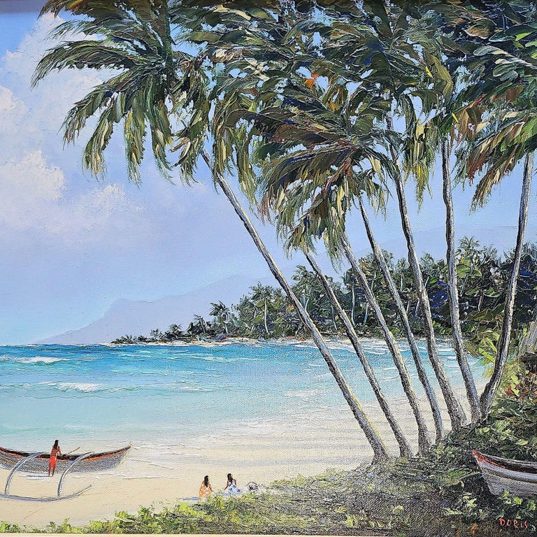 1980s Hawaiian Landscape Oil on Board by Daris Davis in Tropical Wood Frame