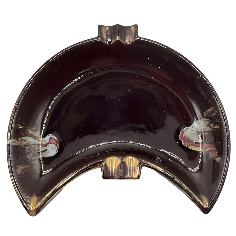 Mid Century Ceramic Crescent Shaped Glazed Ashtray Dish