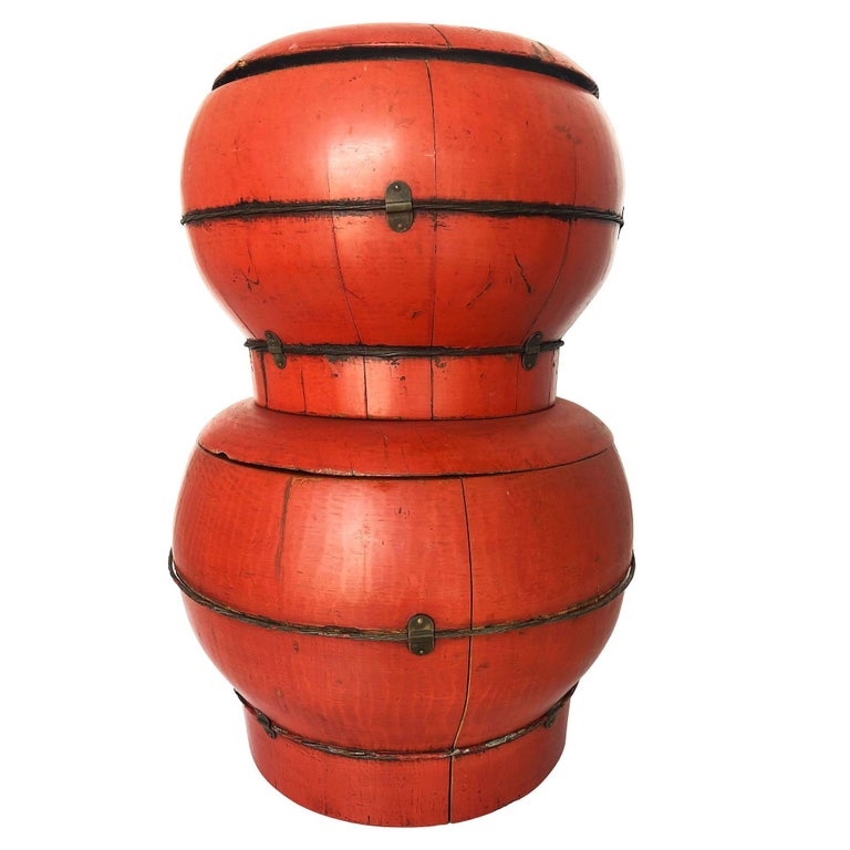 Chinese Red Lacquered Wood Rice Bucket Decorative Box with Lid