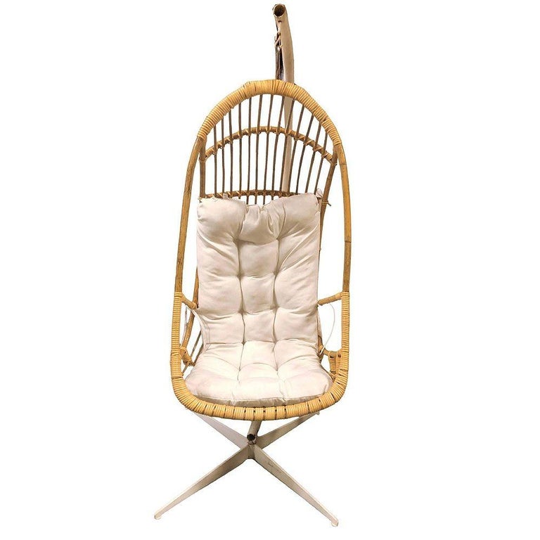 Restored Mid-century Rattan & Wicker Hanging Cocoon Egg Chair w/ Stand