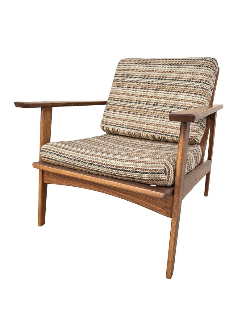 Scandinavian Modern MCM Walnut Framed Armchair with Striped Cushions