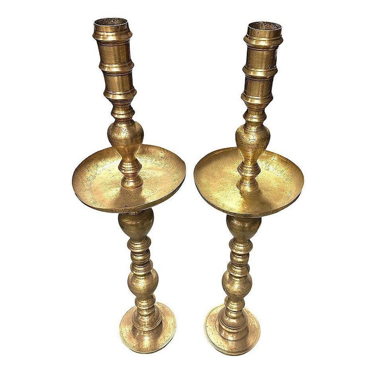 Hand Etched Brass Moroccan Floor Candelabra, Pair