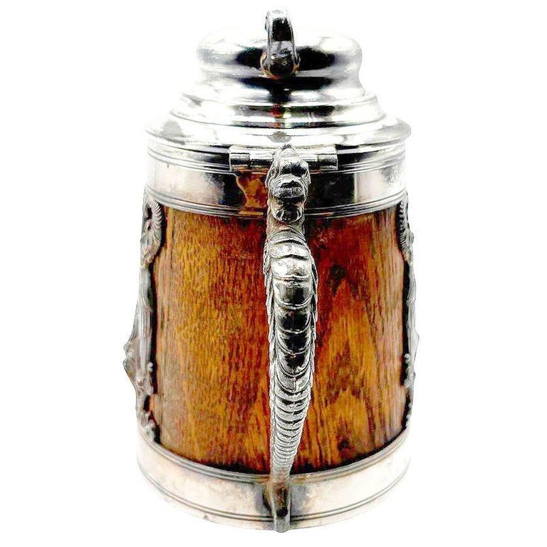 Silverplate Oak Tankard Beer Stein w/ Dragon motif, by St. Louis Silver Co.