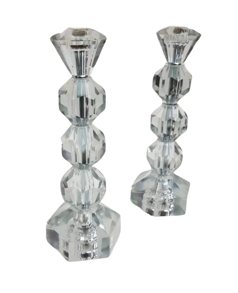 Mid Century Crystal Candlestick Diamond Top - Pair