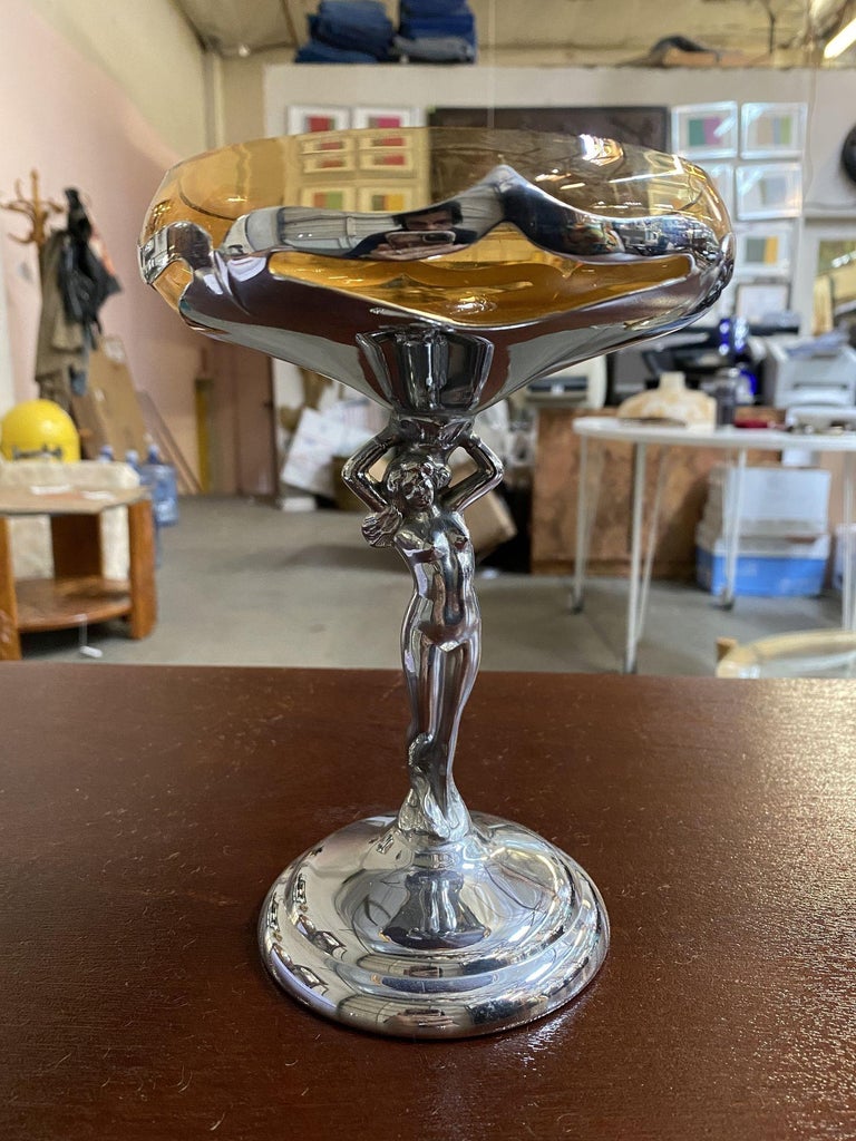 Chrome Farberware Nude Women Art Deco Compote w/ Amber Glass Cup