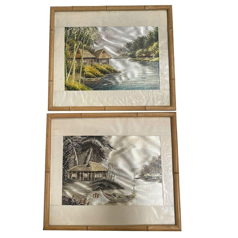 Three Chinese Silk Embroidery Tapestry Art Tropical Landscape in Rattan Frames