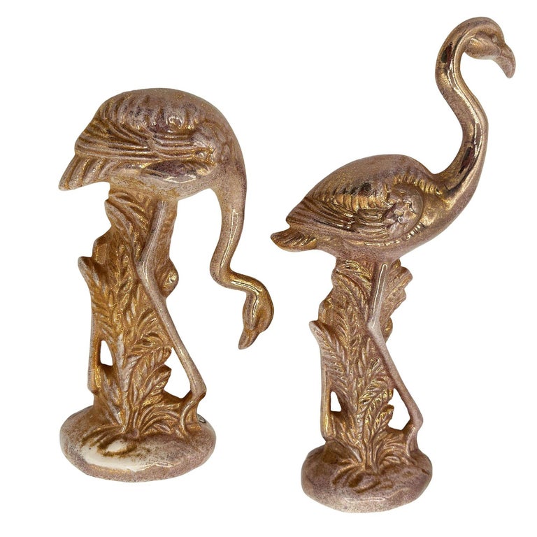 Rare Mid-century Speckled Gold Ceramic Pink Flamingo Statue by McCulloch, Pair