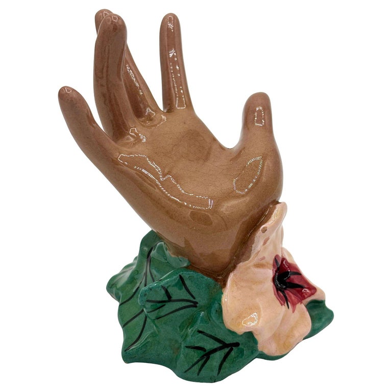California Pottery Figural Hand w/ Magnolia Flower Ring Holder by Clemensons