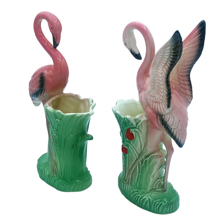 Mid-century "Lovers" Pink Flamingo Ceramic Tabletop Vase Set By Leftons
