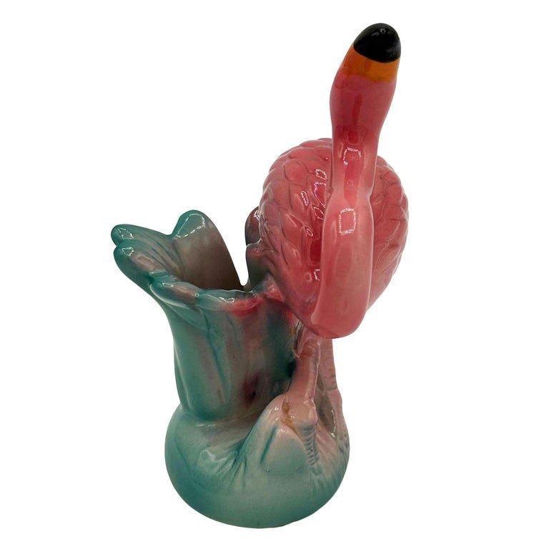 1986 Tropical Pink Flamingo Ceramic Tabletop Bud Vase Set by Five & Dime