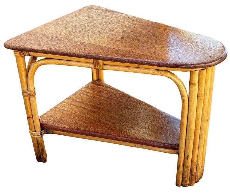 Restored MCM Rattan & Mahogany 7-strand Vertically Stacked Rattan Wedge Table