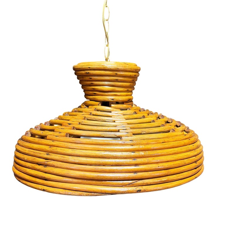Restored Mid-century Hanging Rattan Ceiling Lamp Chandelier w/ Center Globe