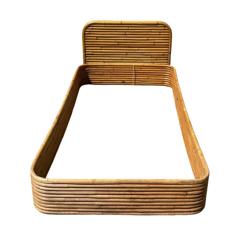 Restored Paul Frankl Style Stacked Rattan Bed Single Size Bed Frame, Kane Kraft