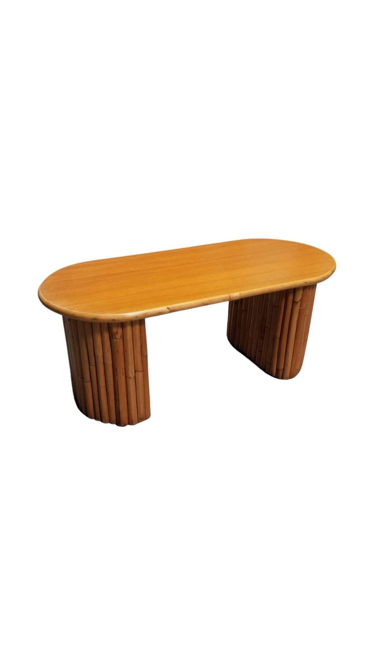 Restored Mahogany Coffee Table w/ Vertical Stacked Rattan Half Moon Pedestal Leg