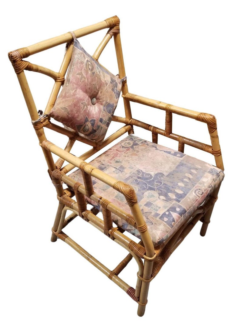 Restored Rattan Chippendale Style Dining Chairs with Diamond Back, Set of 7