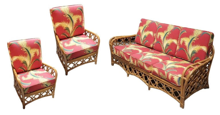 Restored Mid Century Lattice Rattan Sofa & Lounge Chair Livingroom Set