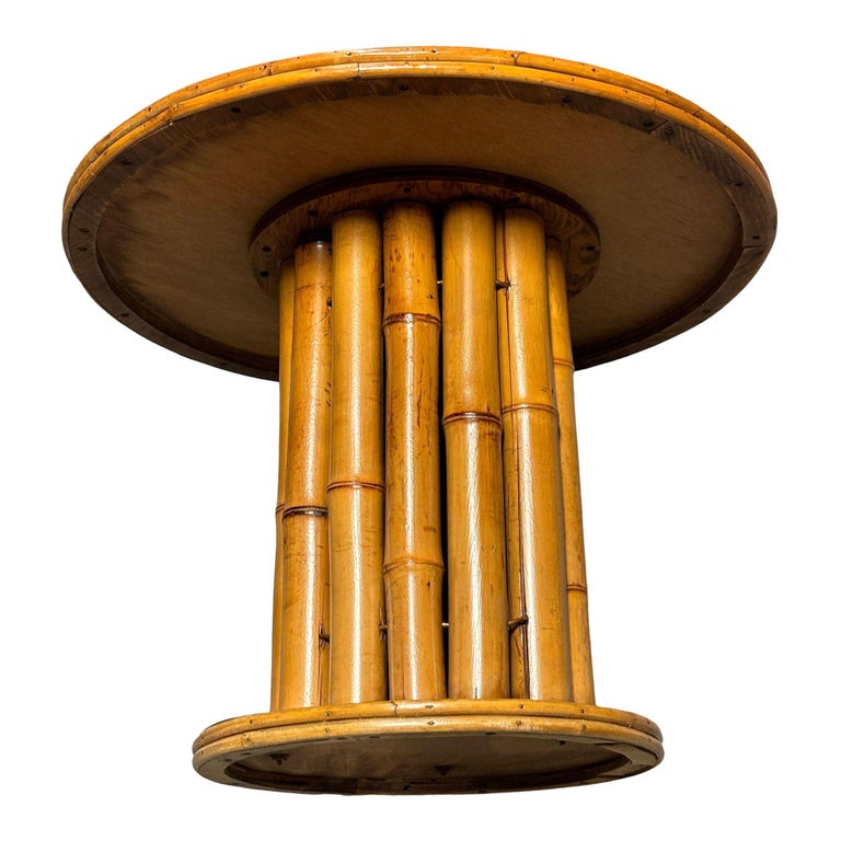 Restored Rattan & Mahogany Round Pedestal Side Table
