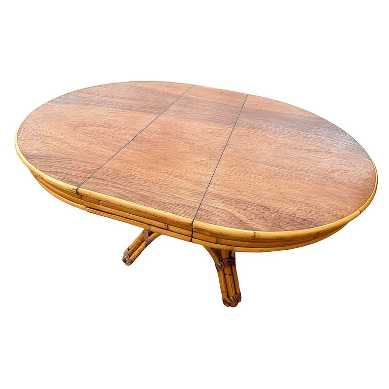 Restored Round Rattan & Mahogany Dining Table W/ Leaf