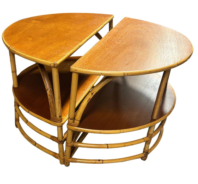 Restored Rattan & Mahogany Half Moon Side Table, Pair