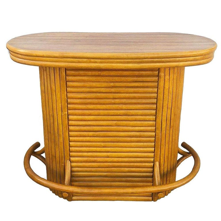 Restored Mid-century Vertically Stacked Oval Top Rattan Bar w/ Foot Rest