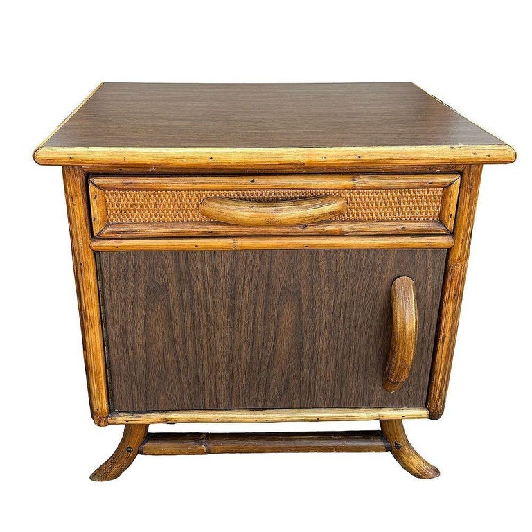 Restored James Mont Styles Rattan & Woven Wicker Bedside Table, Pair