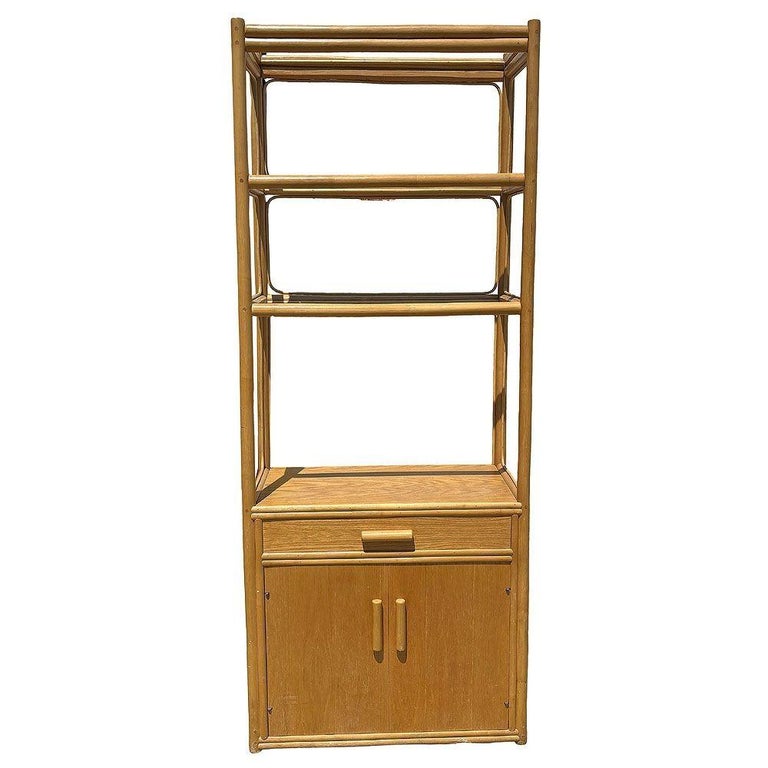 Restored High Style Rattan & Mahogany Etagere Display Curio Cabinet, 2 Available