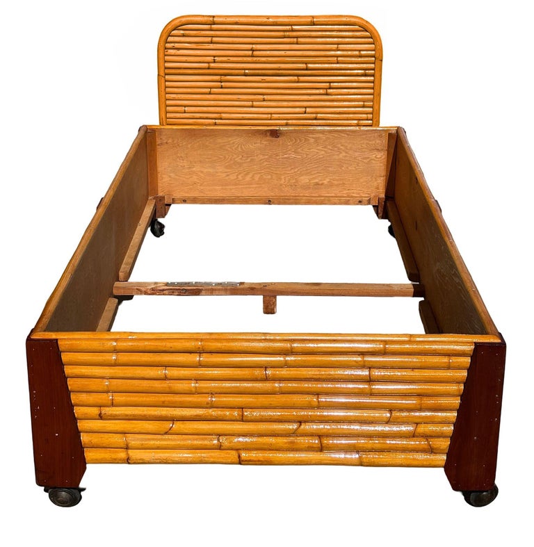 Restored Art Deco Geometric Stacked Rattan Bed and Mahogany Twin Bed Frame