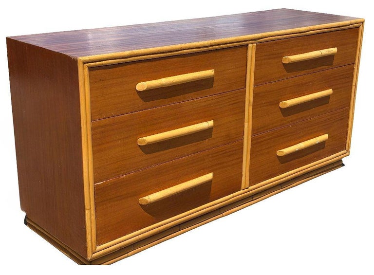 Restored Rattan and Mahogany Lowboy Dresser and Nightstand Set