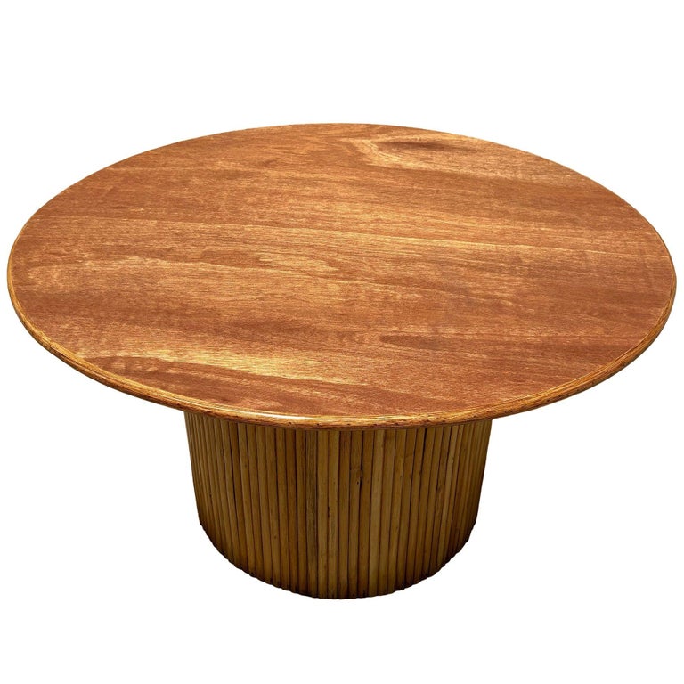 MCM Coastal Round Stacked Rattan Pedestal Table Mahogany Top, 2 Available