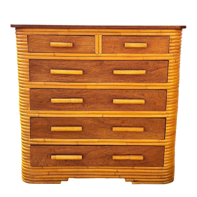 Restored Art Deco 6 Drawer Stacked Rattan Highboy Dresser w/ Mahogany Top