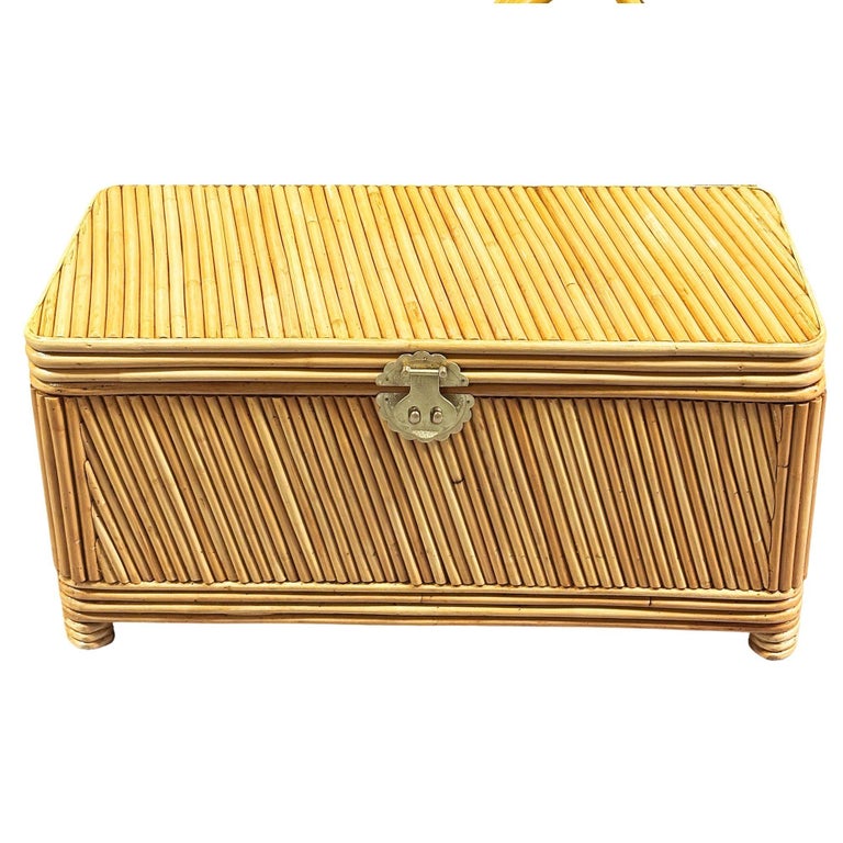 Restored Mid-century Split Reed Rattan & Pine Trunk w/ Brass Paktong Latch