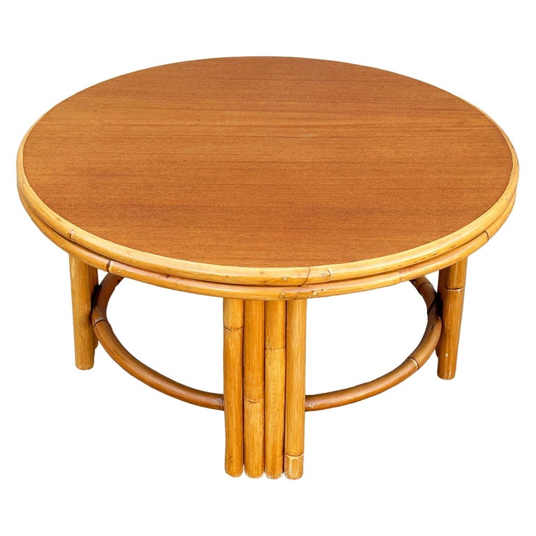 Restored Mid-century O-Base Round Costal Rattan End Table W/ Mahogany Top
