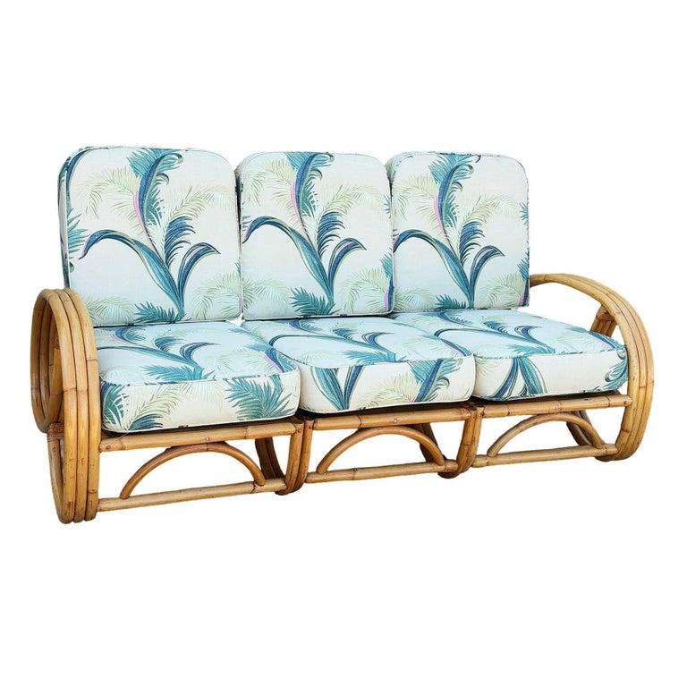 Restored Mid-Century 3-strand 3/4 Round Pretzel Arm Rattan Sectional 3-Seat Sofa