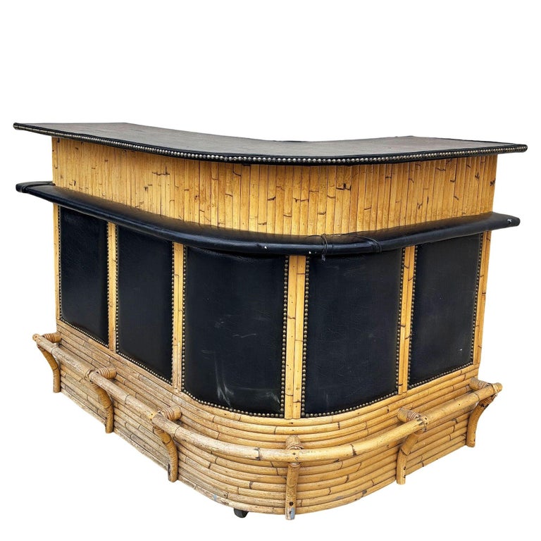 Restored Stacked Front Stacked L Shaped Rattan Bar w/ Nailhead Naugahyde Top