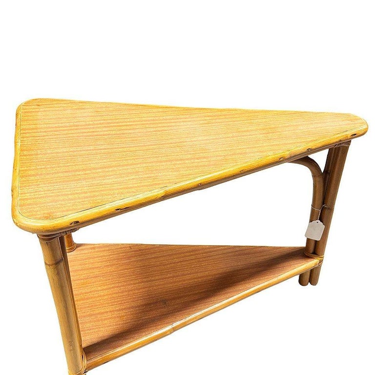 Restored MCM Rattan & Formica Skinny Arch 3-Strand Wedge Side Table w/ 2-Tiers