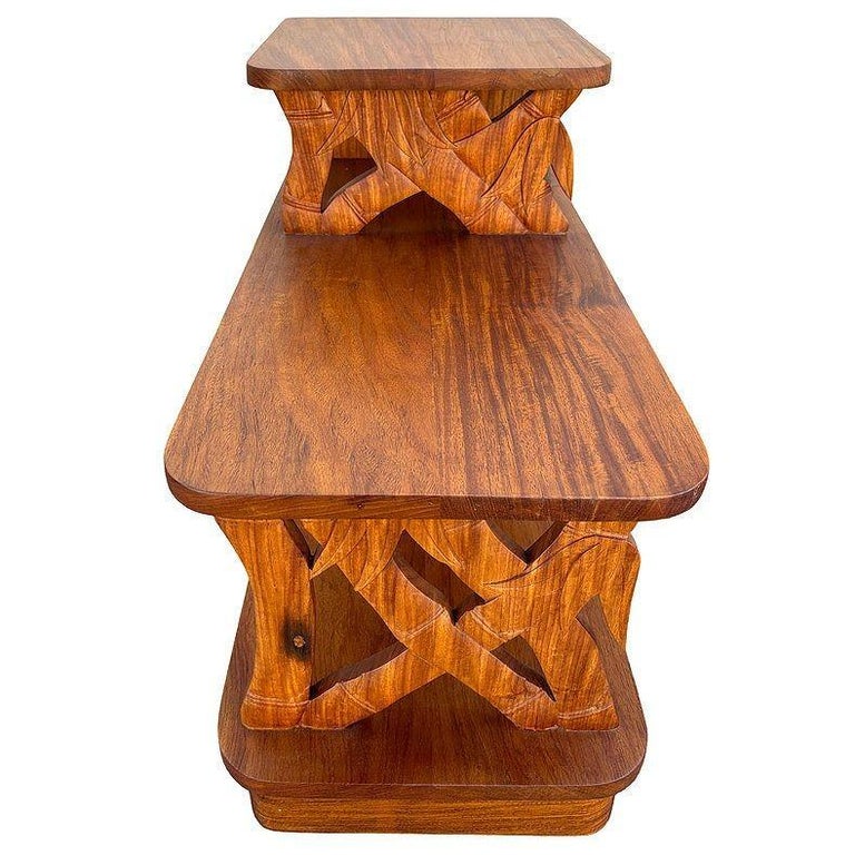 Restored Hand Carved Koa Wood 3 Tiered Side Lamp Table w/ Bamboo Motif