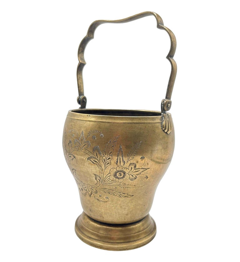 Late Victorian Hand Etched Floral Brass Ice Bucket w/ Whimsical Handle